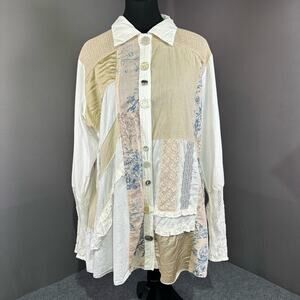 Parsley & Sage Blouse Women’s L Boho Patchwork Hippie Button Up Floral White Tan